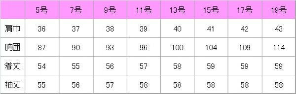 ジャケット　サイズ表