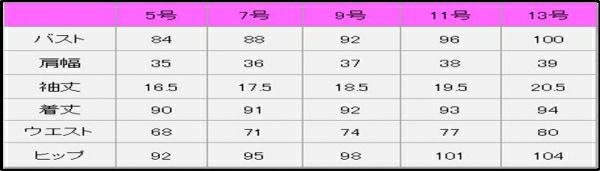 ワンピース半袖　サイズ表
