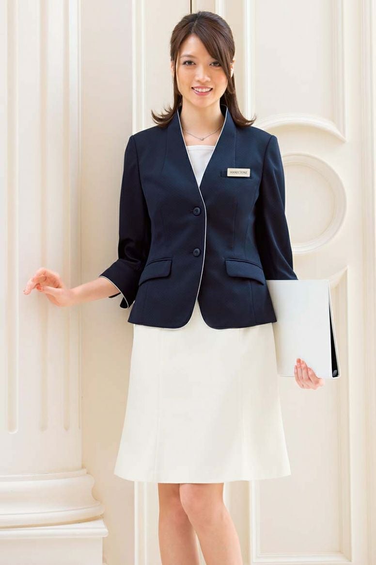 モデル着用　ネイビー　ジャケット（七分袖）［裏なし］（無地）　ウェーブロン®ドビーニット　