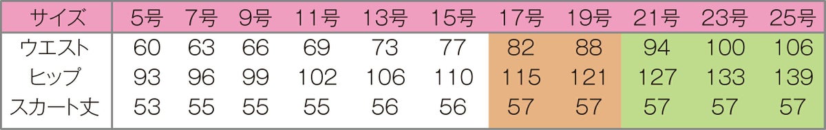 春夏用Ａラインスカート　サイズ表