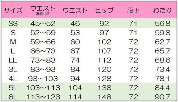 レディスストレートパンツ　サイズ表