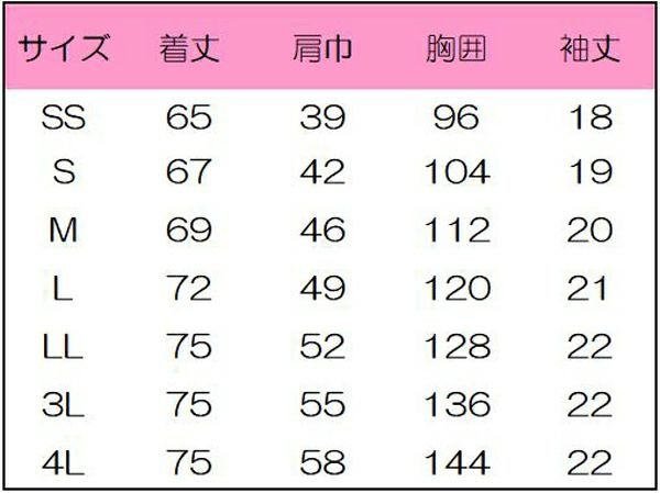 男女兼用スクラブ　サイズ表