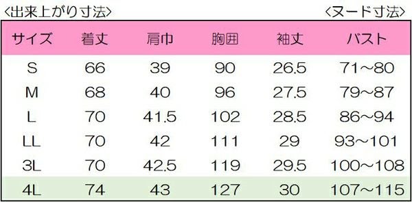 レディスジップスクラブ（五分袖）　サイズ表